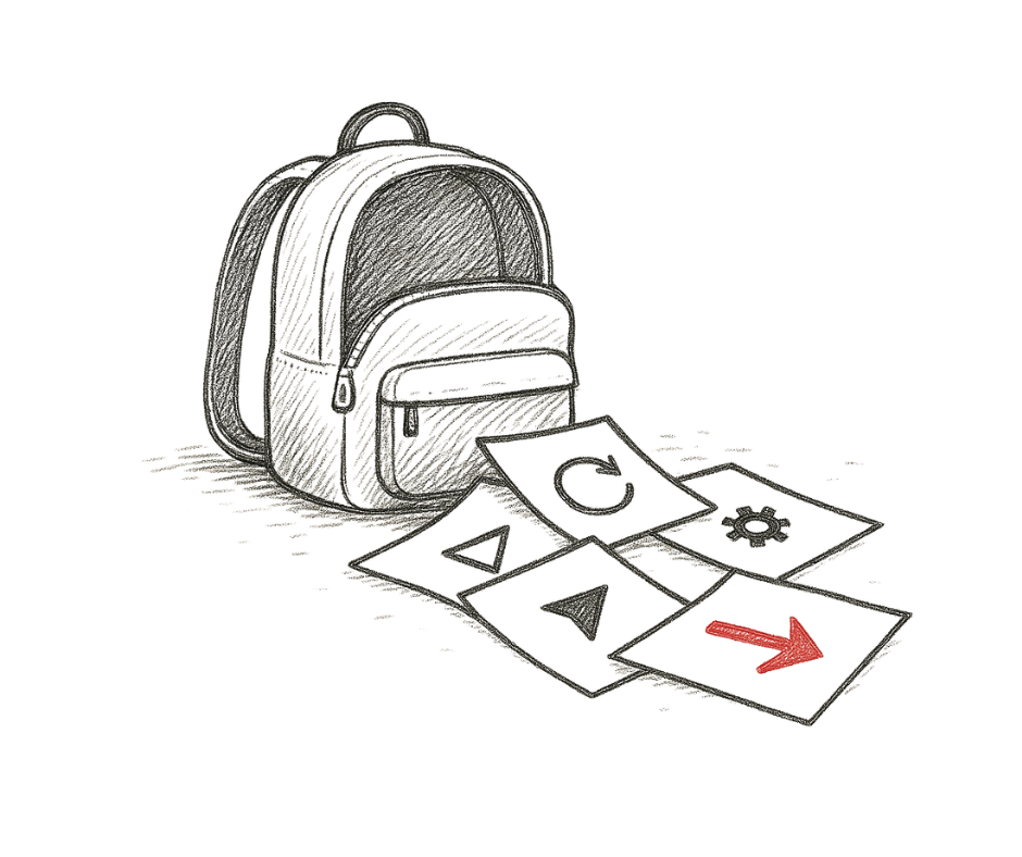 Backpack with papers and a forward arrow