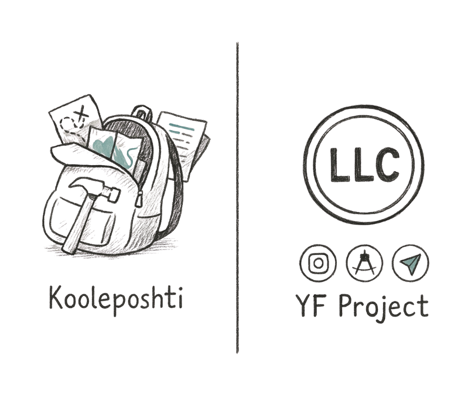 Backpack with sketches and a subtle LLC seal combined