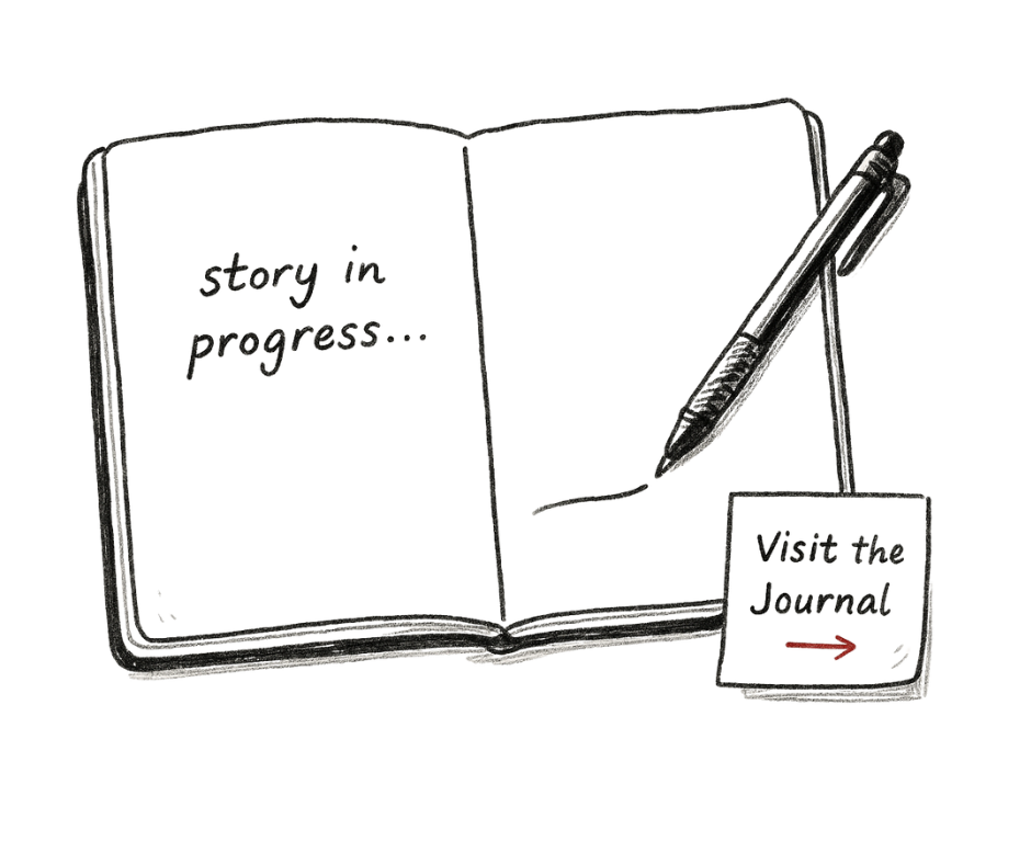 Pen resting on an open page — story in progress